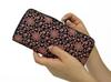 [Inden-ya] Inden 2317 Wallet F, Black Deerskin with Pink Lacquer, Clematis Pattern, 10cm x 19cm x 2cm, Round Zipper Long Wallet