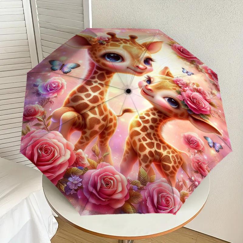 1PC Giraffe Flowers Umbrella-8-Rib Reinforced, Automatic Open, Lightweight & Durable, Fashion Accessory for Outdoor-L0402