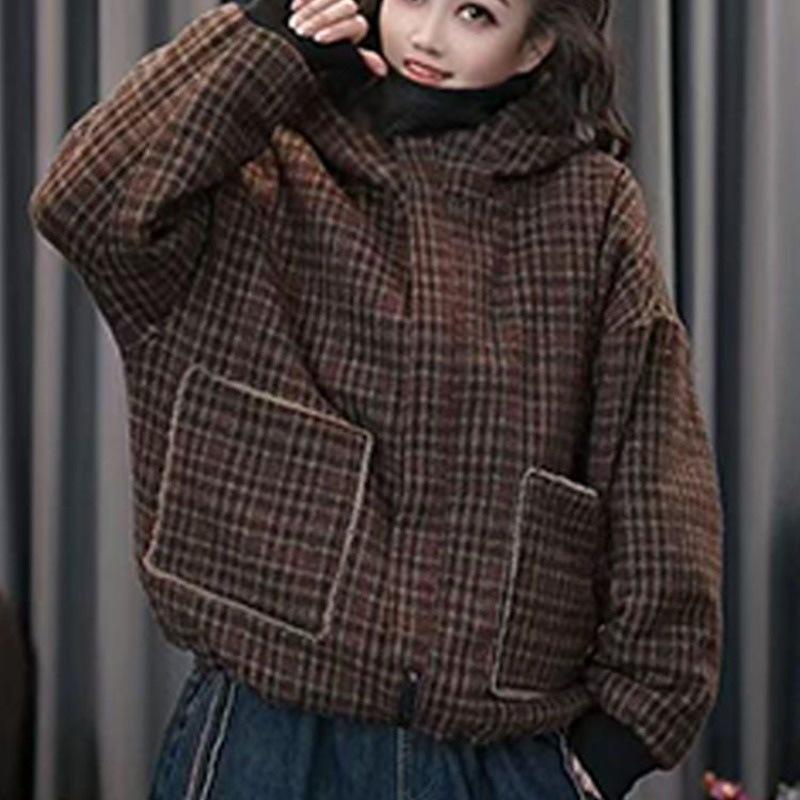 Winter 2025 Women s Plaid Velvet Hooded Coat - Casual, Versatile, Age-Reducing Jacket M