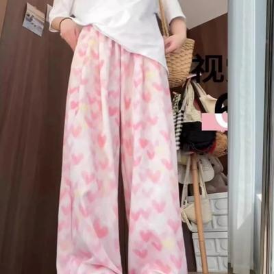 Pantalones Yamamoto de Seda de Hielo Rosa Amor para Mujer Verano Finos Nuevos Casuales Pequeños Cintura Alta Caídos Pierna Ancha