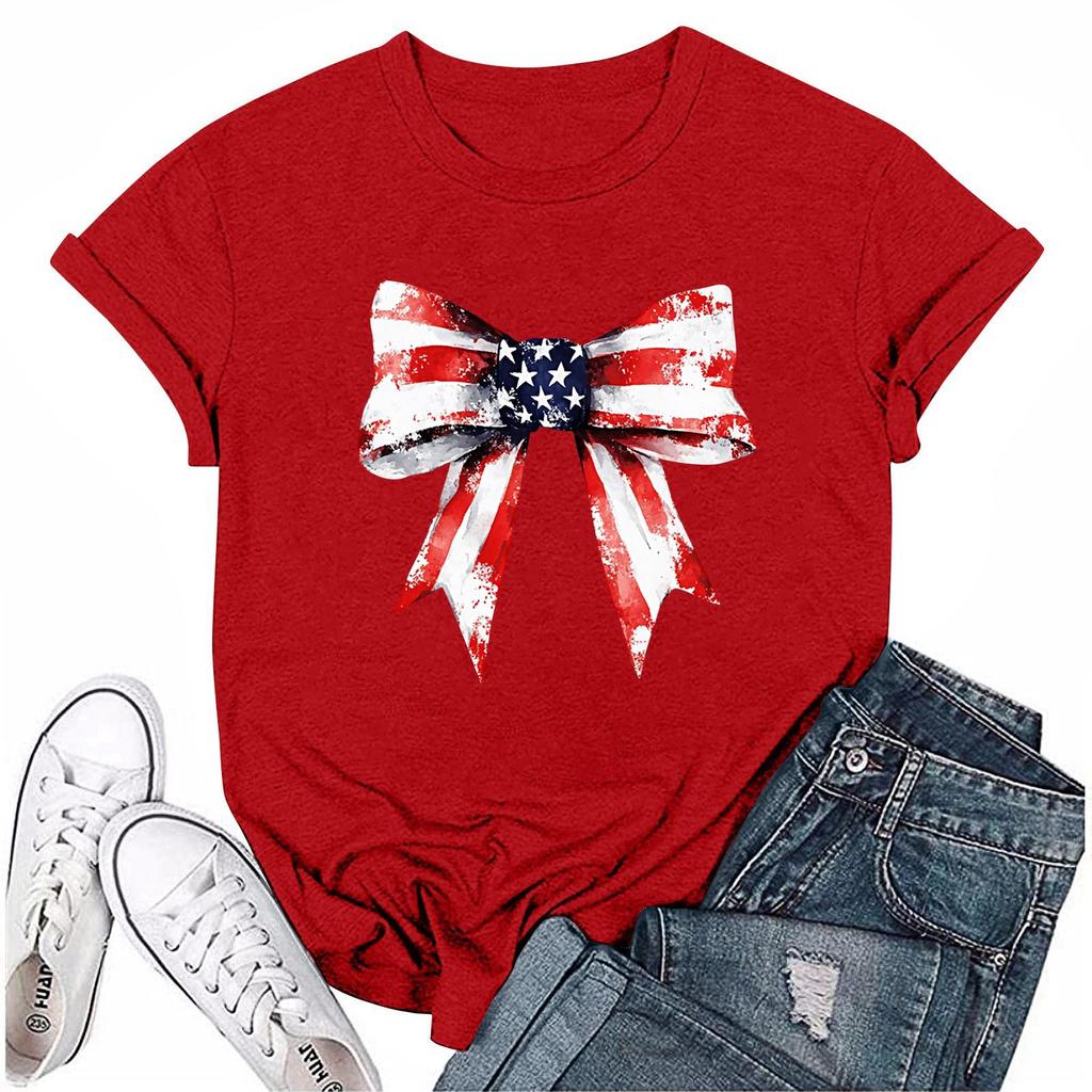 Adults Casual Daily Round Neck Independence Day Printed Short Sleeved T-shirt Letter Top