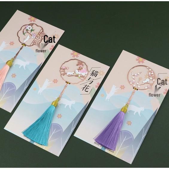 Chinese Style Cat & Flower Metal Bookmark - Peach Blossom & Magnolia Art