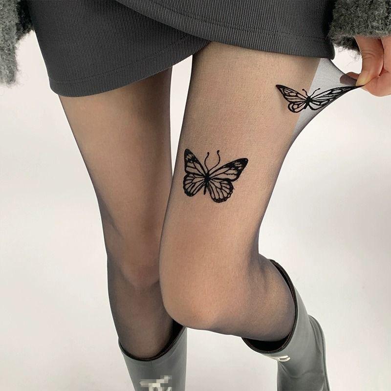 Women Ultra-Thin Tights Sexy Vintage Y2K Fake Tattoo Butterfly Black Transparent Silk Pantyhose
