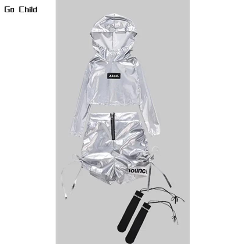 Girls K-pop Silver Crop Hoodies Shiny Cargo Pants Street Dance Shorts Kids Hip Hop Streetwear Children Jazz Hi Tech Clothes Sets