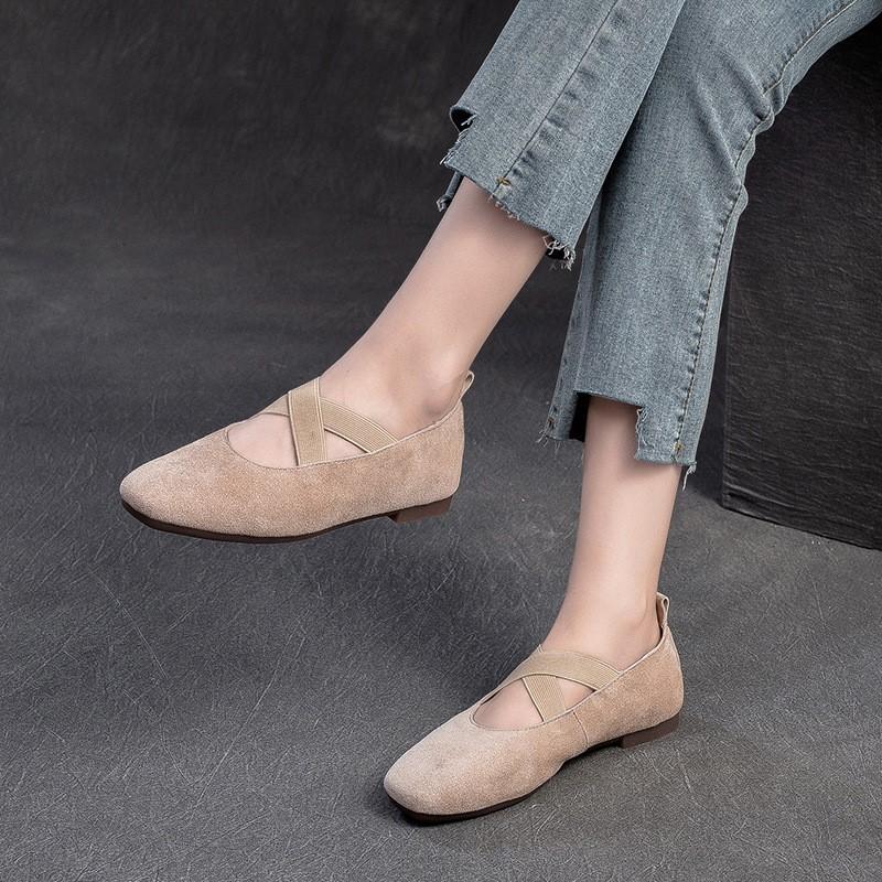 Johnature Cross Strap Square Toe Solid Color Flat Casual Comfortable Soft Sole Women's Slip-on Shoes