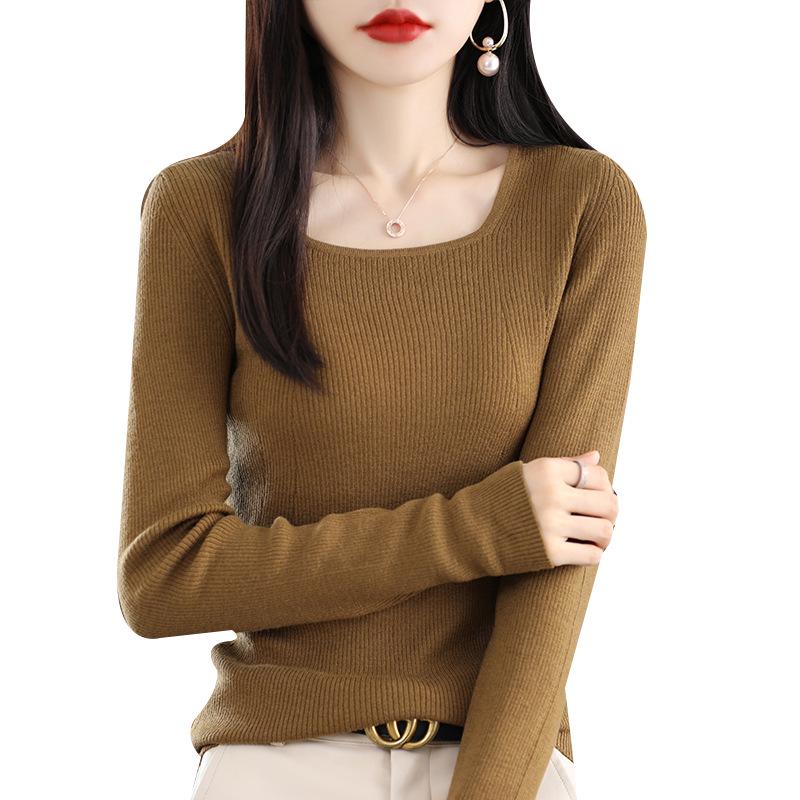 2025 Slim Fit Women's Square Neck 100% Wool Sweater - Thin U-neck Base Layer Top