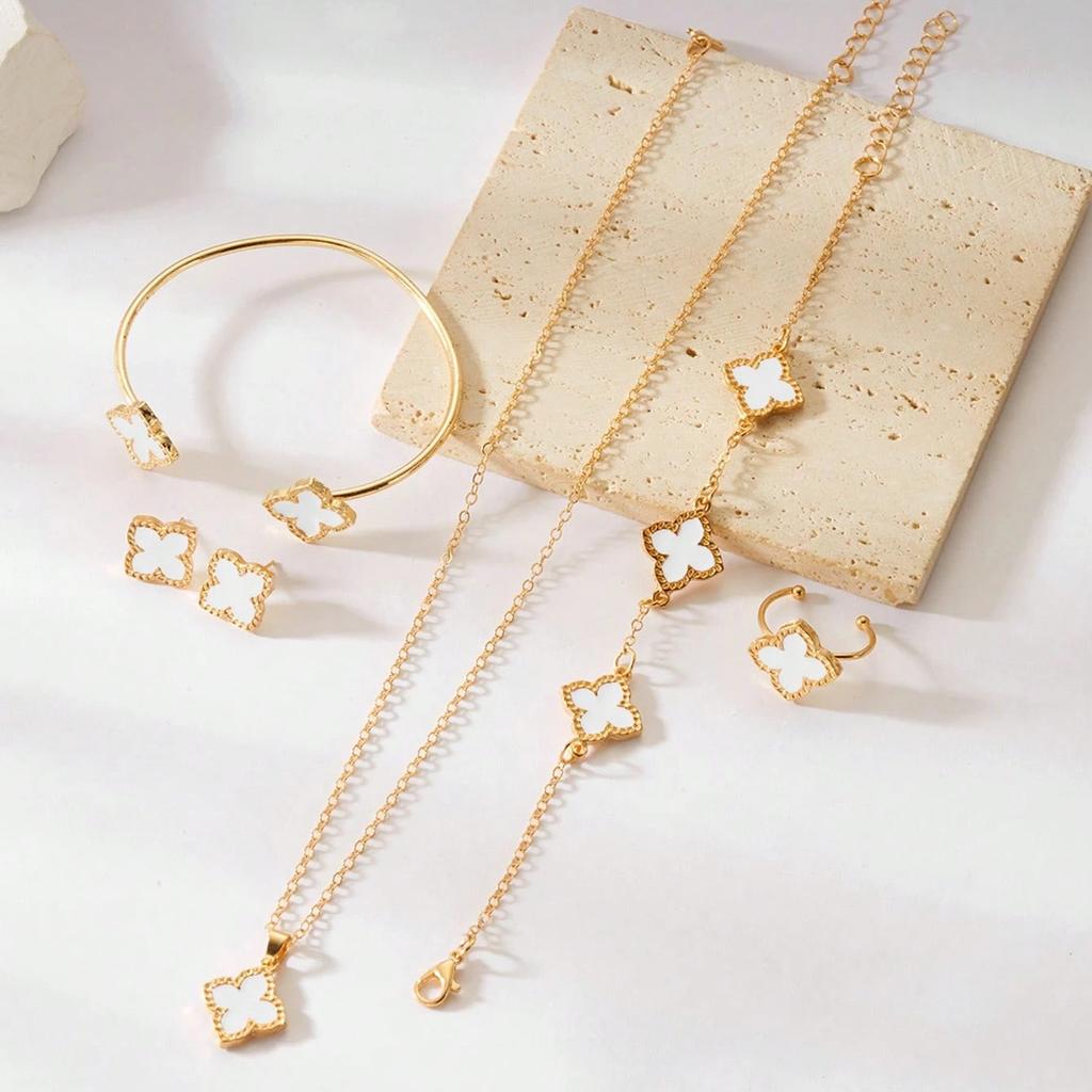 Four-leaf Clover Jewelry Set for Women Simple and Stylish Lucky Clover Necklace Bracelet Earrings and Ring