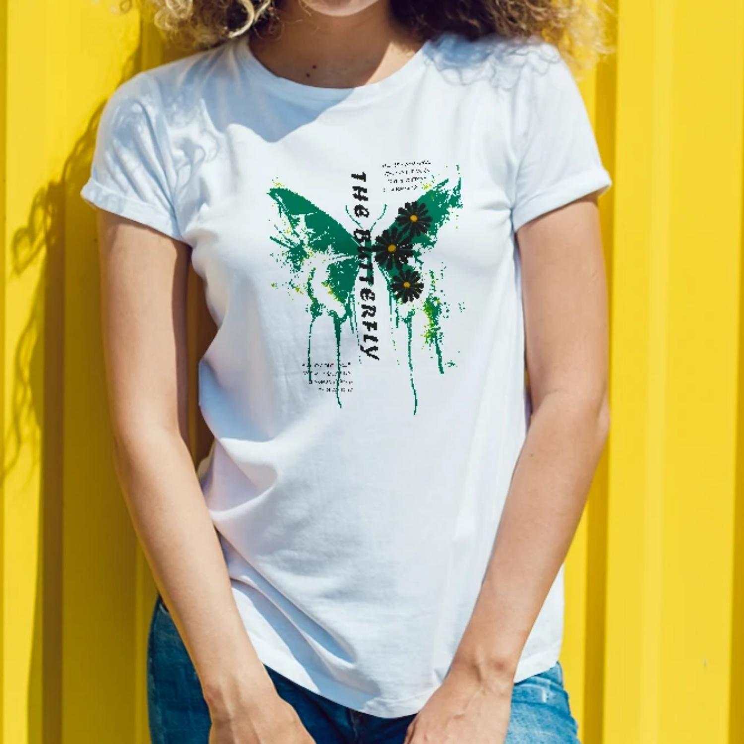 Women s round neck butterfly and letter print casual spring and summer T-shirt light and elegant S