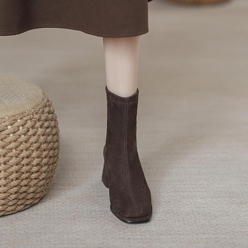 Brown Coarse Heel Short Boots Women's Skinny Boots Season Square Head High Heel Socks Boots Women's Suede Stretch Boots
