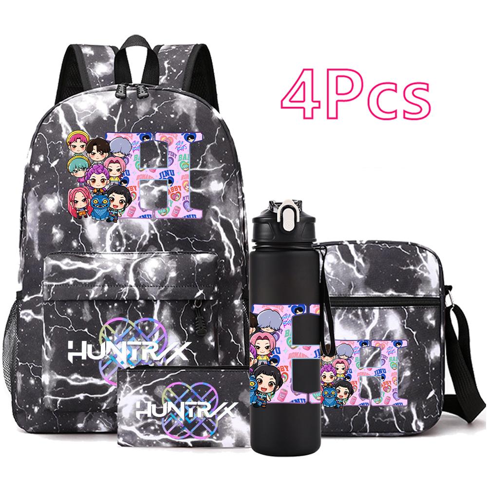 4Pcs/set 26 English Letter KPop Printed Backpack with 750Ml Water Bottler for Teenager Student Girl Boy Bookbag Kid Gift Large Capacity Travel Bag