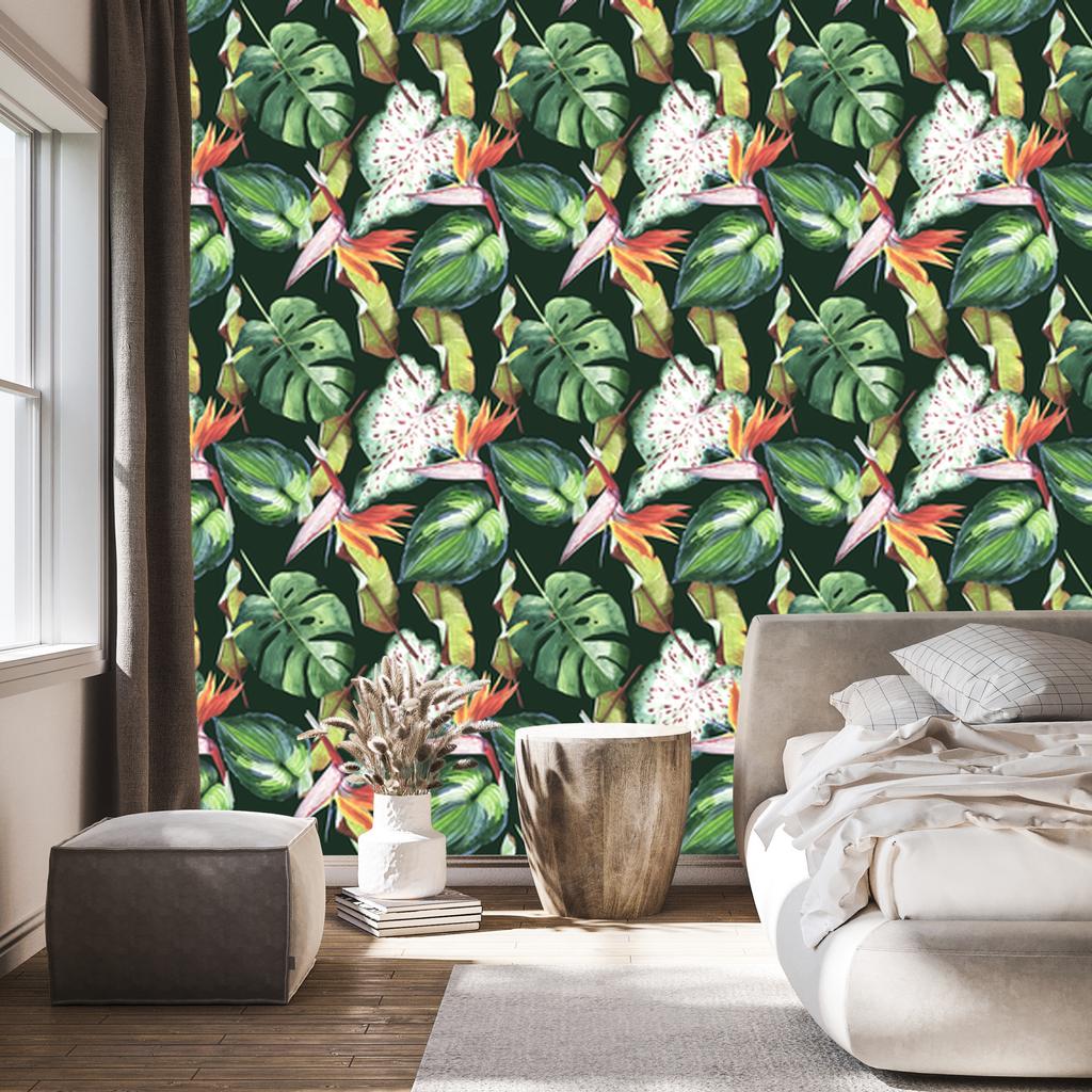 Paradise flowers and tropical leaves wallpaper for living room and bedroom 50x1000