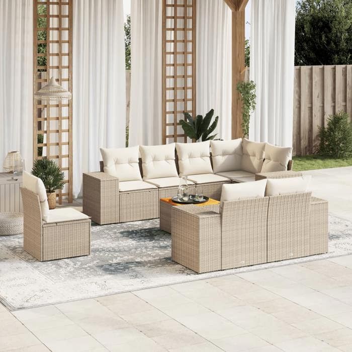 VidaXL Salon de Jardin avec Coussins 9 pcs, Canapés de Terrasse, Ensemble de Meubles de Patio, Mobilier d'Extérieur, Beige 3225540