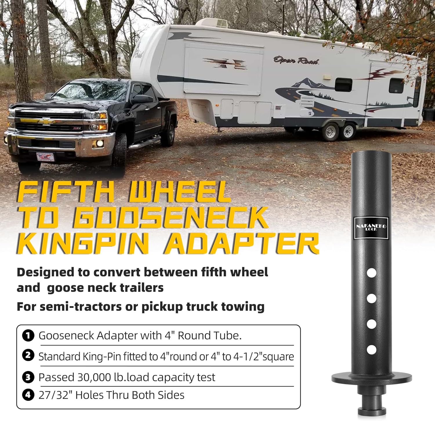 

Fifth Wheel to Gooseneck Adapter, 4 Round Tube, 2 Kingpin, Fits Campers & Trailers, Particle Coated Particle coating