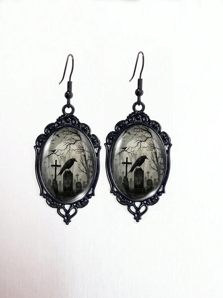 1pair Crow & Twig Vintage Black Lace Earrings For Halloween, Gothic Black Crow Earrings
