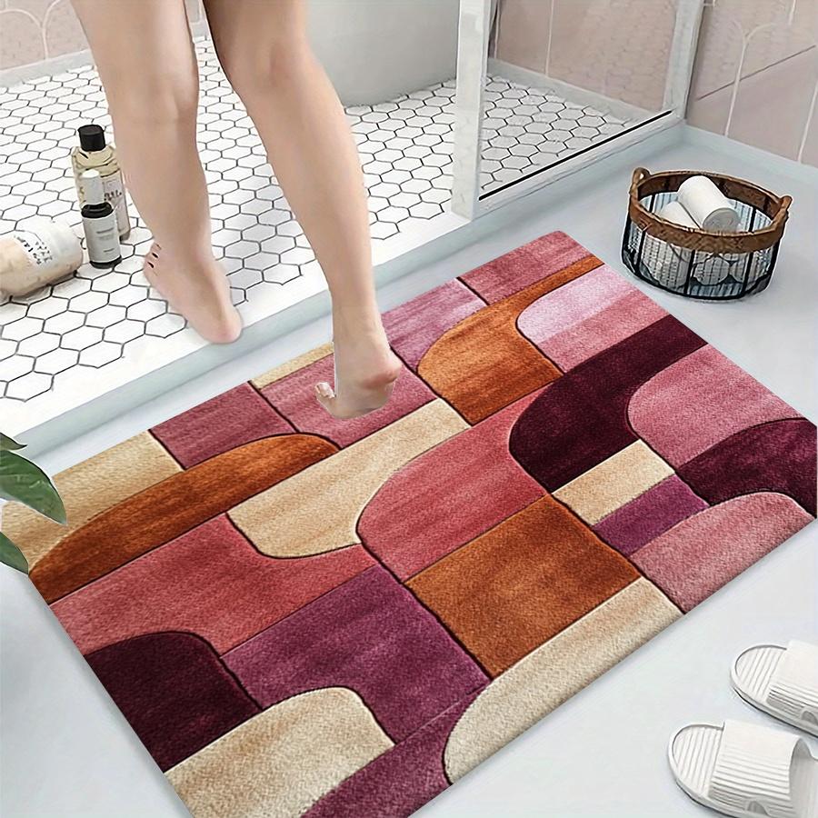 Covoraș de baie geometric roz-maro - Covor moale din flanelă antiderapant pentru bucătărie, duș, cadă, decor modern pentru casă, living, dormitor, birou