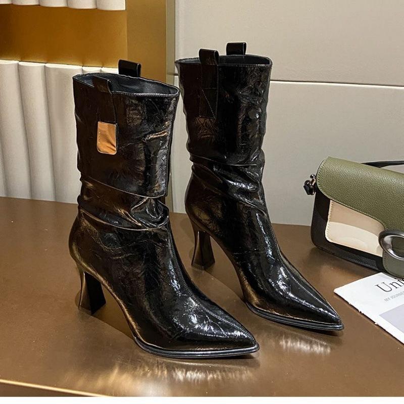 8cm spitze High-Heel Kurzstiefel Damen Herbst und Winter neu dicke Absätze Plateau-Stiefel ohne Reißverschluss Lackleder Temperament vielseitig fash