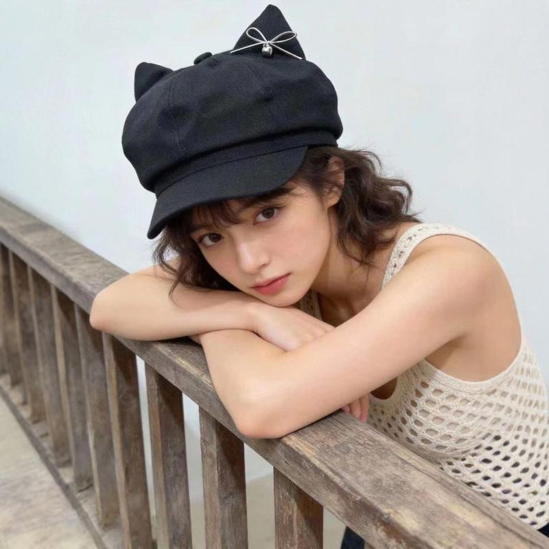 Women Cute Ear Octagonal Beret Summer Bowknot Design Painter Hat Face Slimming Cap