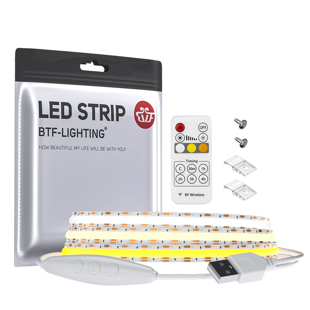 BTF-LIGHTING FCOB COB CCT LED Strip Light, Flexible, USB Light, High Density, 1M, 640 LEDsm, Warm White, Neutral White, 3000K-6000K, 10mm Wide Strip,