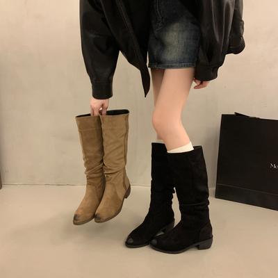 Cowhide Version Retro Fashion Brown Stacking Boots Women's Autumn New Tall Thin Boots Suede Versatile Boots