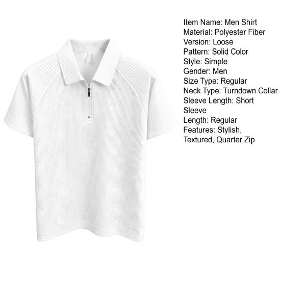 Men Quarter Zip Shirt Loose Fit Turndown Collar Short Sleeve Textured Shirt Casual Solid Color Golf Shirt for Office Daily Life Date