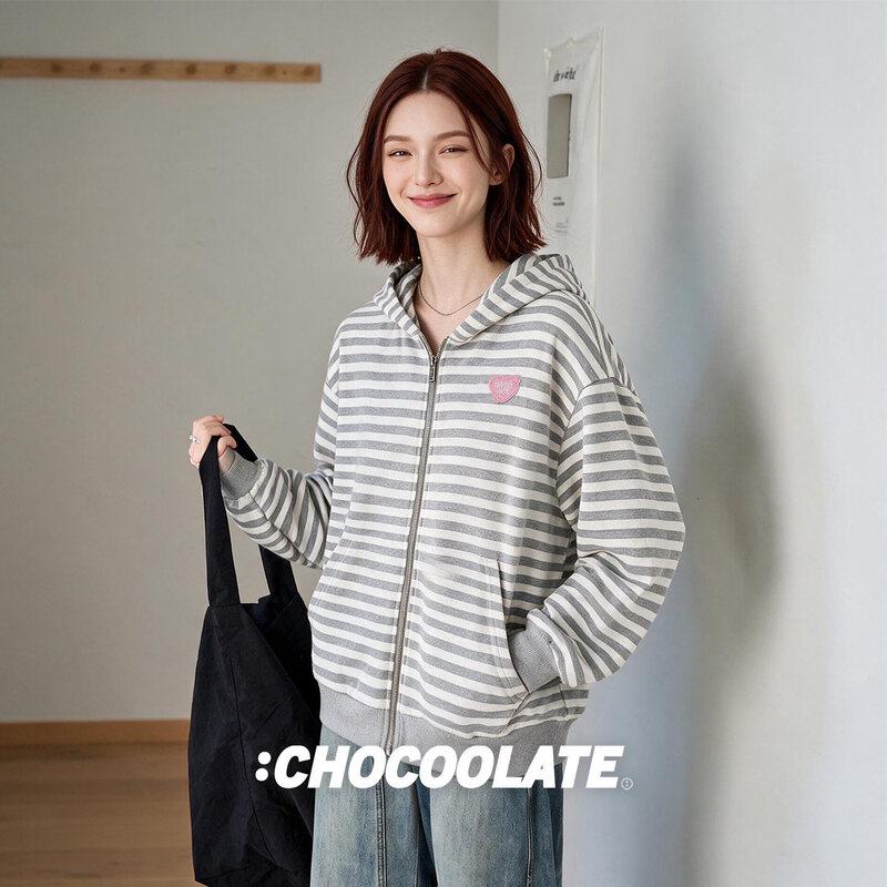 CHOCOOLATE Women's Striped Hooded Zip-Up Cardigan