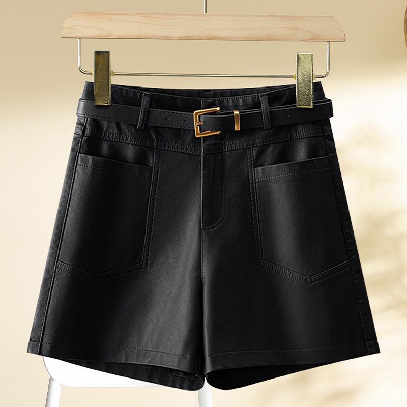 

Женские шорты А-силуэта с высокой талией из кожи цвета хаки - Осень/Зима 2025, европейский стиль, модные, с широкими брючинами буткат. 27 (for 95-105 lbs) чёрный