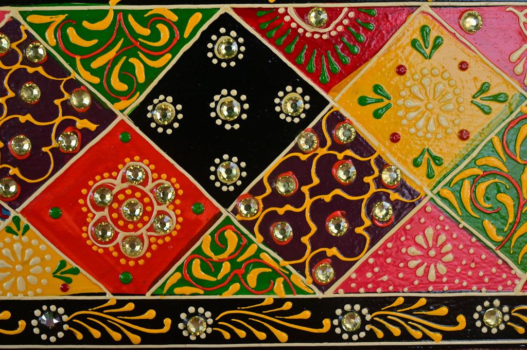 Indian Folk Art Mirror Work Wood Wall Panel: Hand-Painted Ethnic Decor