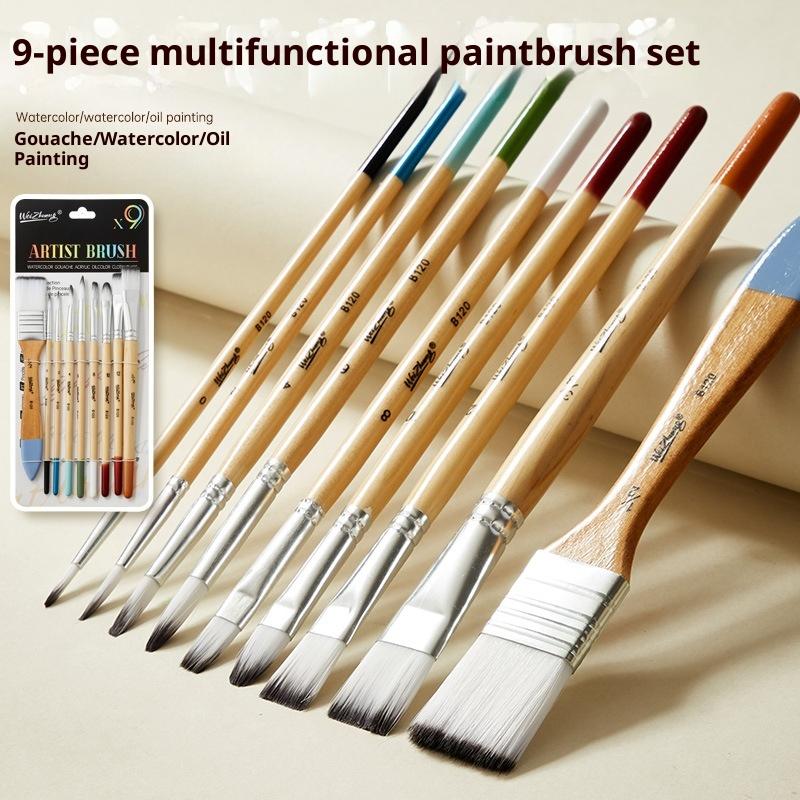 9Pcs Beginner Brush Set Nylon Hair For Canvas Watercolor Acrylic Oil Painting Artist Painting Tools Art Supplies