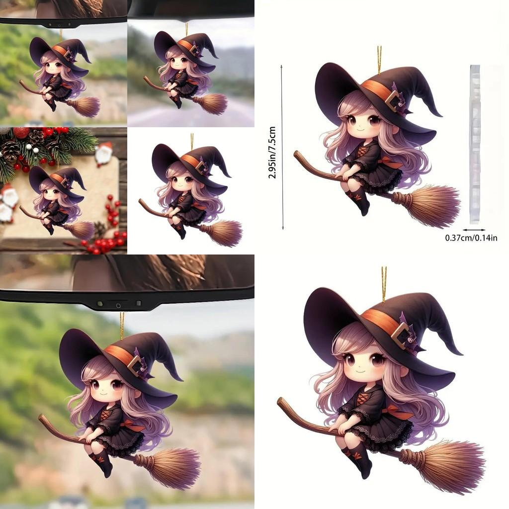 Halloween Cartoon Acryl Autoanhänger mit Hexenbesen für Fahrzeugdeko