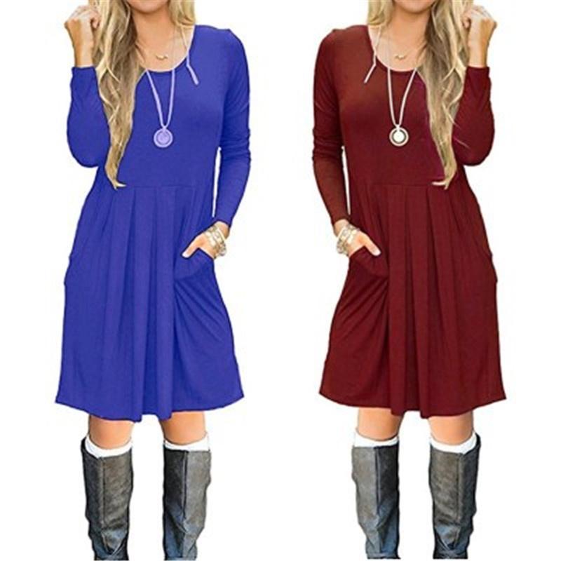 Women's Casual Swing T Shirt Dress Long Sleeve Pocket Loose Tunic For Effortless Style