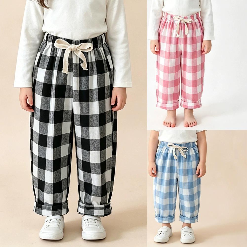 Children's Pant Spring Summer Vintage Casual Baggy Plaid Pants for Kids Girls Boys Trousers