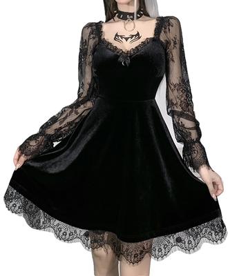 Qichenk Černé krajkové šaty s dlouhým rukávem Gothic Lolita Ideální pro dámské šaty, Cosplay, Halloween, HY21249-S