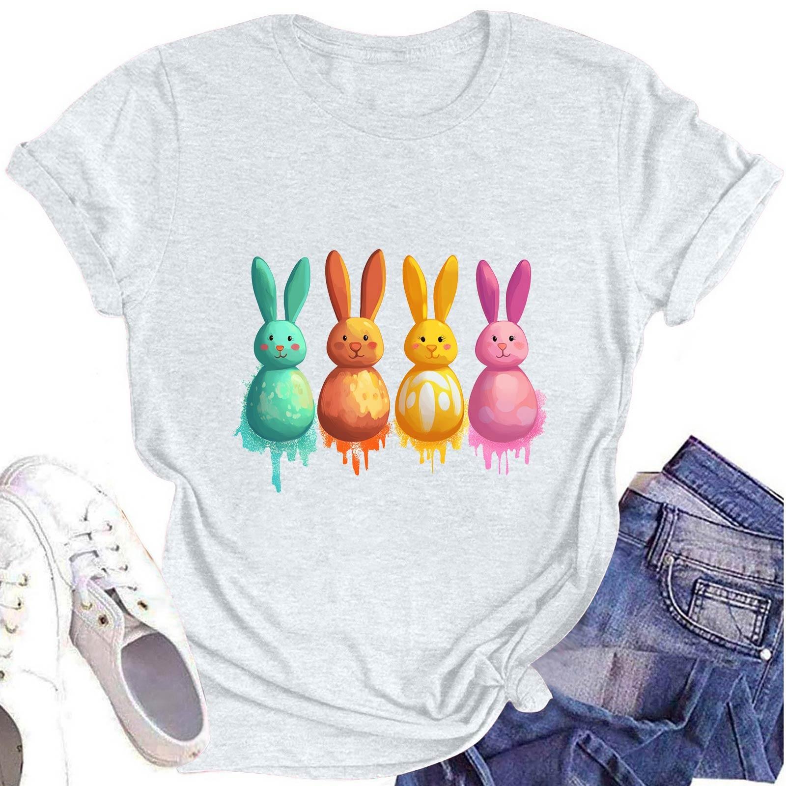 

Women s Fashion Round Neck Short Sleeve T-Shirt Easter Printed Casual Top XL білий
