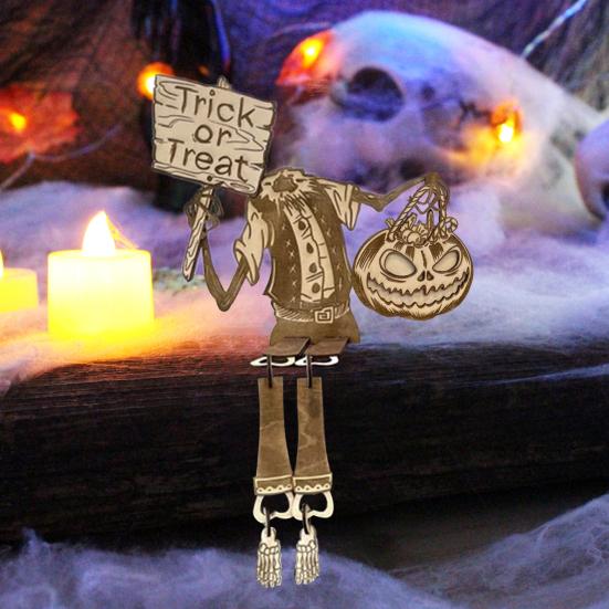 Articulated Pumpkin Man Halloween Decoration Spooky Wooden Pumpkin Skeleton Tabletop Ornament for DIY Home Office Decor