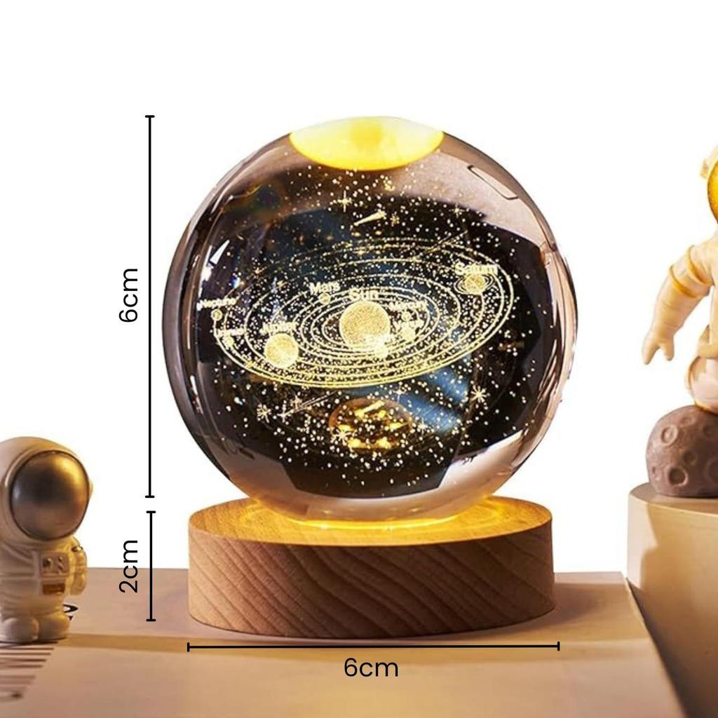 Galaxy Crystal Ball LED Night Lamp, Creative Engraved Night Light Wooden Base, Warm White Decorative Table Lamp for Home, Office, Bedroom