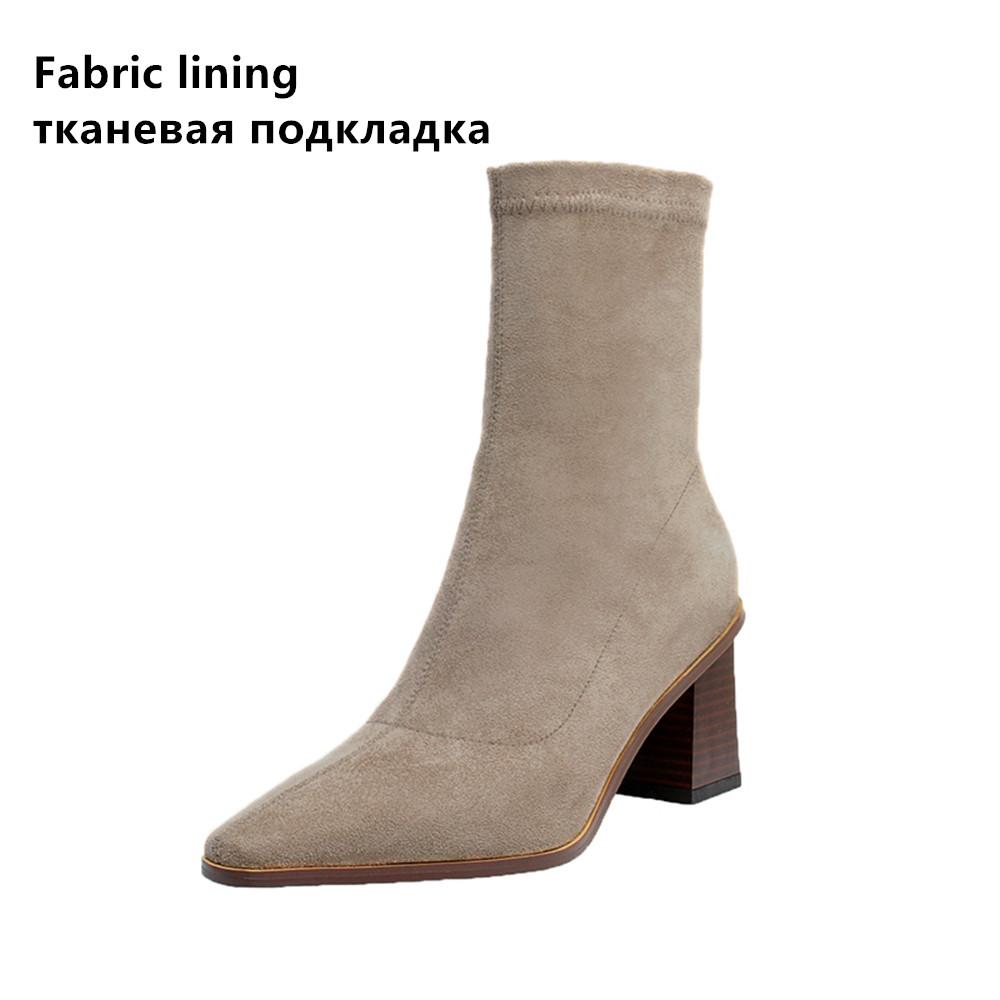 Autumn Winter Fashion Women Boots Square Toe Yarn Elastic Ankle Boots Kid Suede Thick Heel Shoes Female Socks Boots Bota Feminin