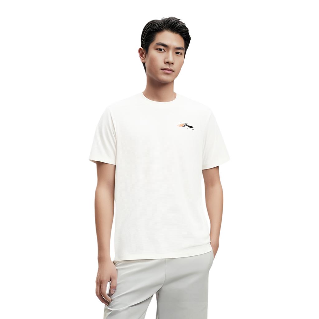 Li Ning Fitness Series Solid Color Antibacterial Moisture Wicking Quick Dry Short Sleeve T-Shirt Men Tops Off-White ATSU429-8