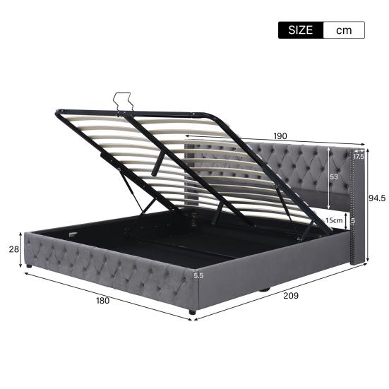 Upholstered Bed with Ear Shape, Double Row of Rivets, Flannel, Button Stitching at Head And Foot Ends, Double Bed 180x200cm Hydraulic Functional Bed,