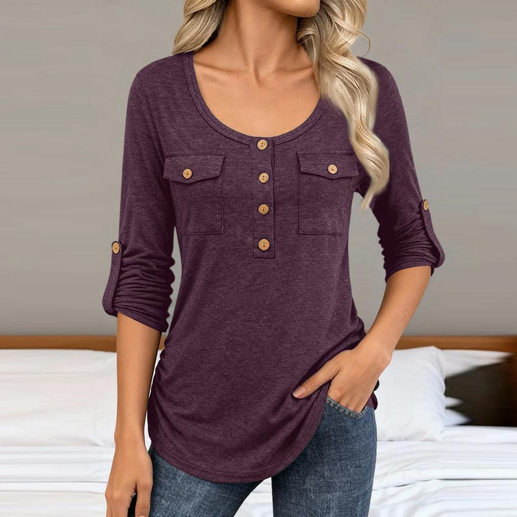Women's Casual Solid-color Round-neck Long-sleeved Button Pullover