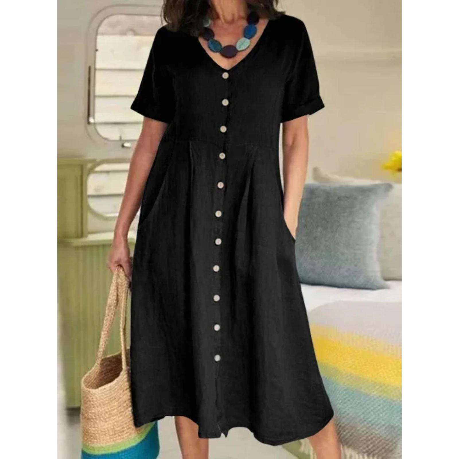 

Spring/Summer New Cotton and Hemp Dress V-neck Fashion Short Sleeved Single Breasted Elegant Loose High Waist Pleated Dress S чёрный
