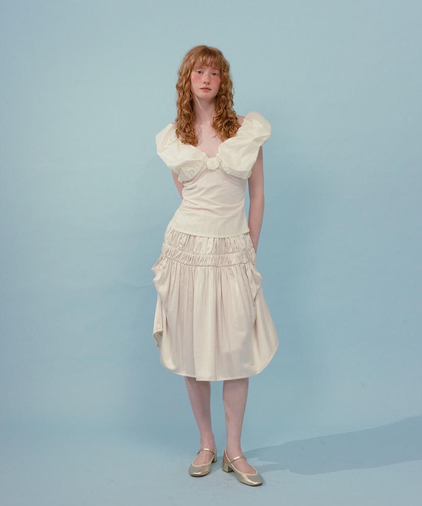 Lulu Seoul Satin Tuck Pleats Skirt (Cream)