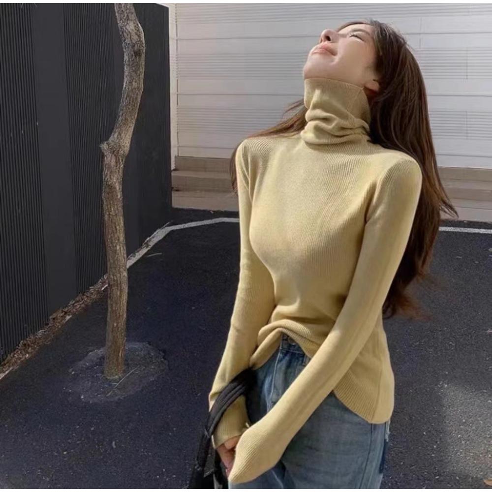 Piled Collar Solid Color All-match Knitted Sweater Women's Autumn and Winter Western-style Slim-fit Coat Inner Knitted Base Shirt