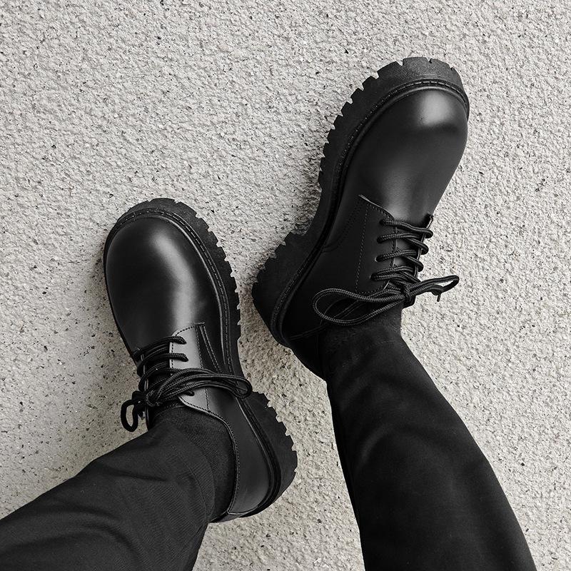 Men's Platform Derby Boots British Style Round Toe Chunky Sole Formal Shoes Comfortable Black Leather Business Casual Footwear