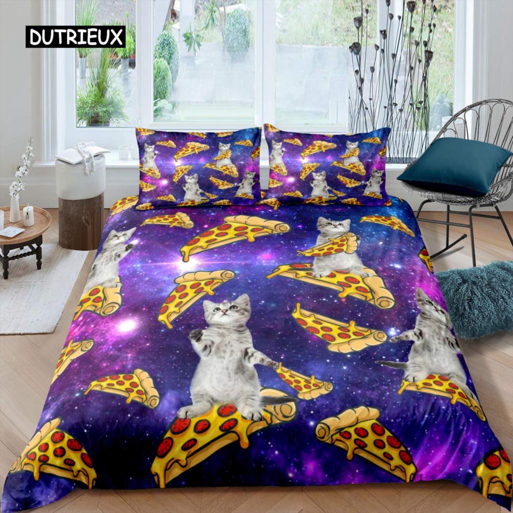 Galaxy Cat Duvet Cover Set Microfiber Universe Galaxy Bedding Set Cute Kitten Comforter Cover Outer Space Planets Quilt Cover