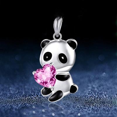 European & American Cute Panda Necklace: Pink Heart-Shaped Cubic Zirconia & Blue Crystal Design