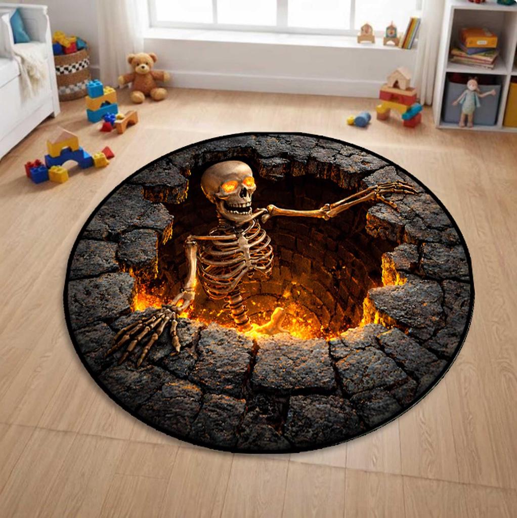 2D Fire Pit Skull Printed Carpet Weird Decorative Circular Door Mat Living Room Bedroom Horror Home Decor, Carpet