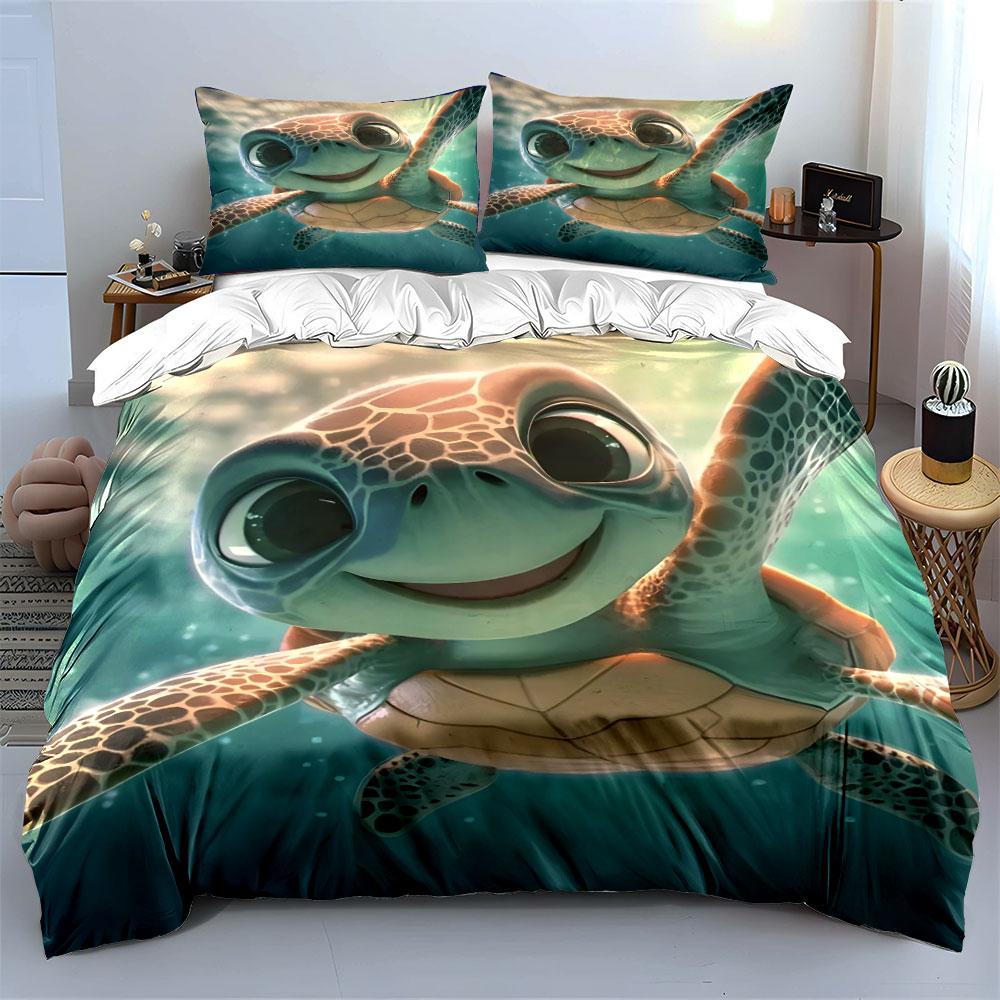 Smiling Animated Sea Turtle. Print Bedding Set 1 Duvet Cover 2 Pillowcases For Adult And Children Luxury Gift Full Size