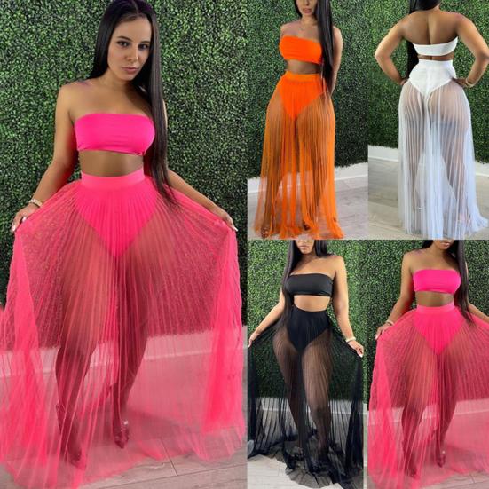 3Pcs/Set Vest Skirt Set Sexy Bandeau Tops High Waist Briefs Mesh Pleated Long Skirt Set Solid Color Outfit