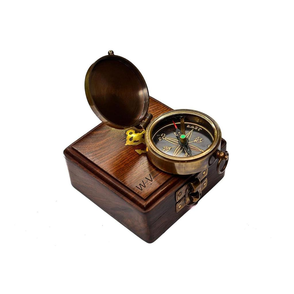 Antique Brass Pocket Compass with Wooden Box