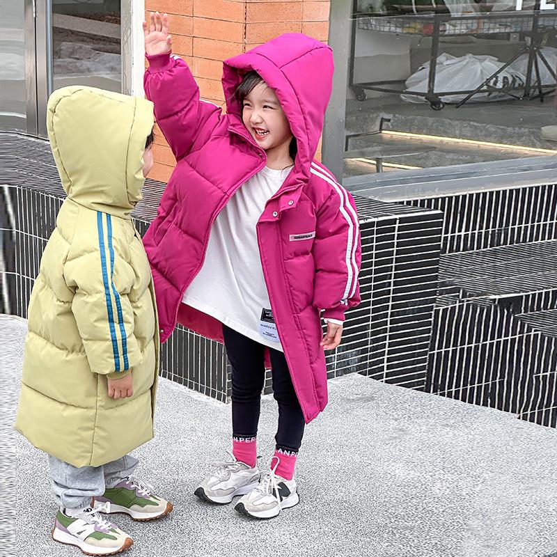 2025 Kinder Lange Baumwollgepolsterte Jacke - Mittellang Koreanischer Stil für Jungen und Mädchen, Über das Knie, Verdickter Baumwollmantel